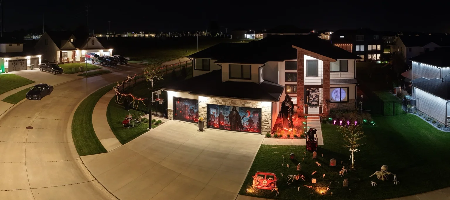 Drone view of a Halloween decorated home